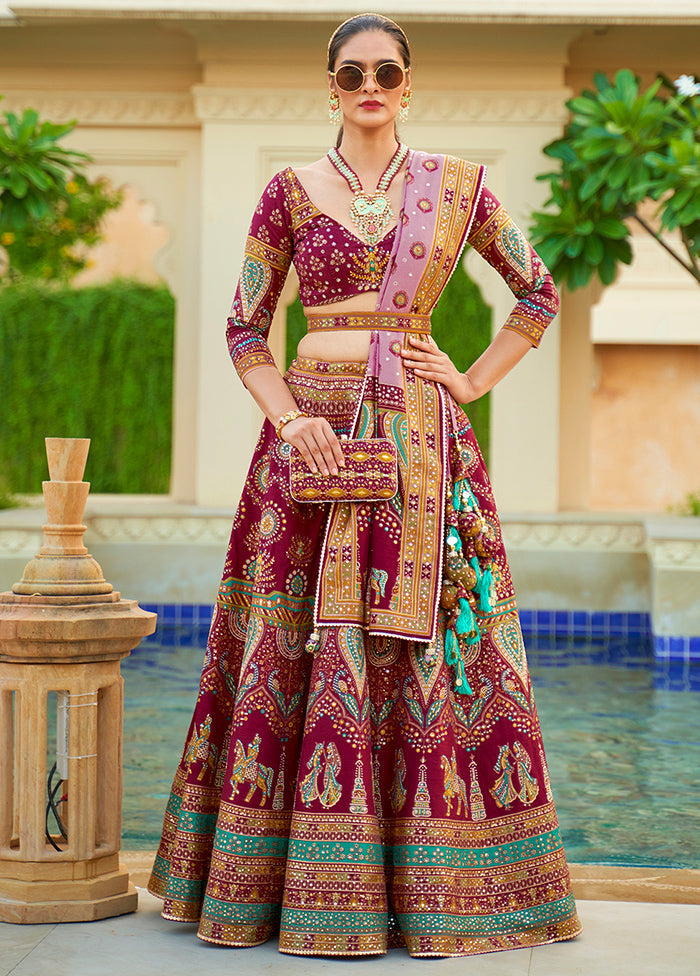 3 Pc Maroon Silk Semi Stitched Lehenga Set