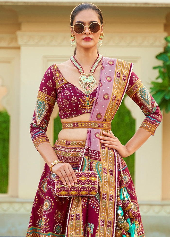 3 Pc Maroon Silk Semi Stitched Lehenga Set