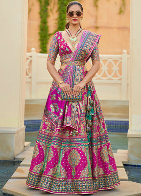 3 Pc Pink Silk Semi Stitched Lehenga Set