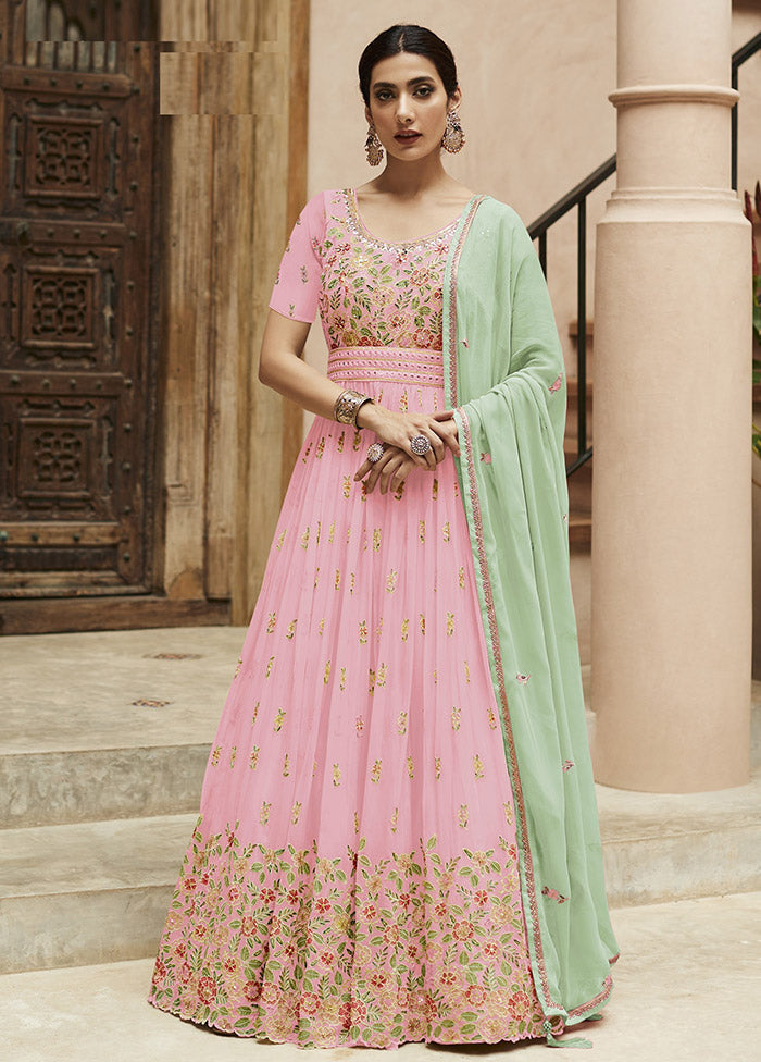 3 Pc Pink Semi Stitched Georgette Suit Set