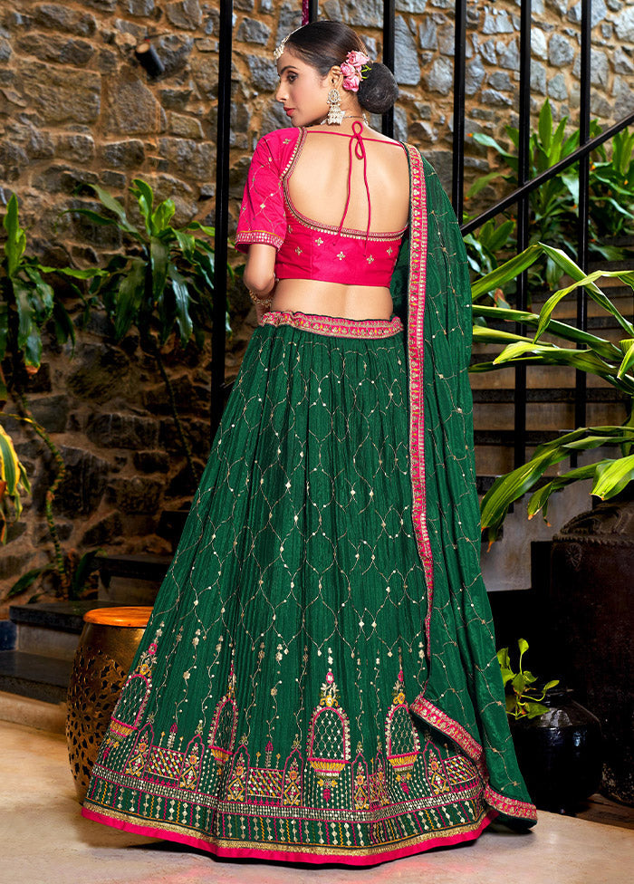 3 Pc Green Silk Semi Stitched Lehenga Set