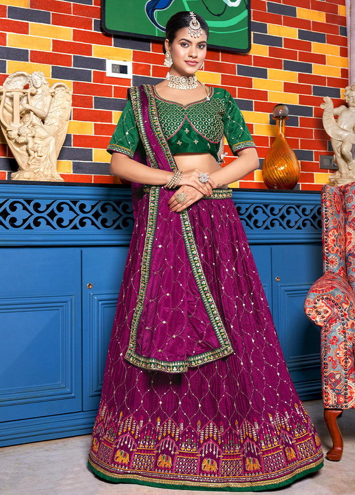 3 Pc Purple Silk Semi Stitched Lehenga Set