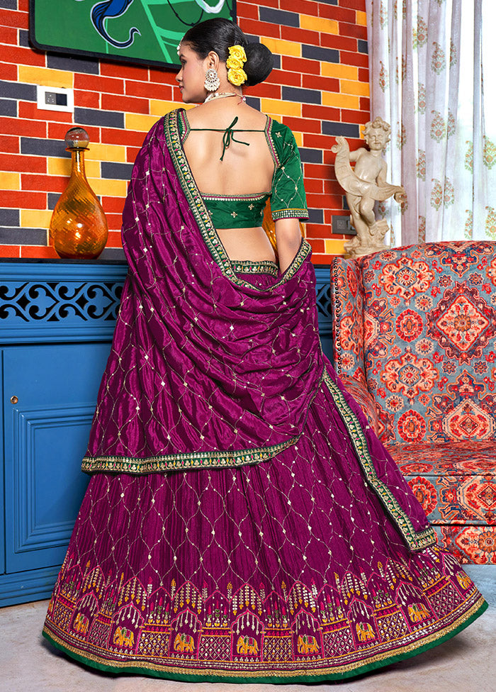 3 Pc Purple Silk Semi Stitched Lehenga Set