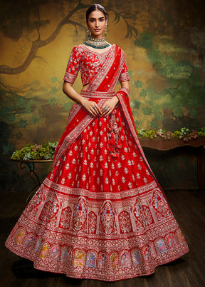 3 Pc Red Silk Semi Stitched Lehenga Set