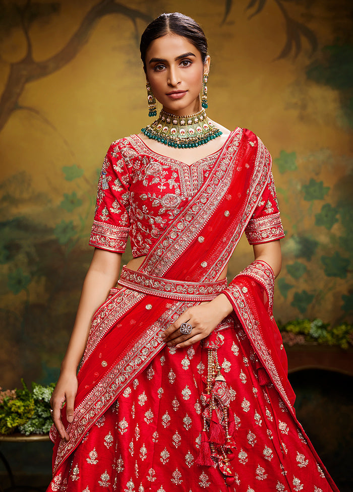 3 Pc Red Silk Semi Stitched Lehenga Set