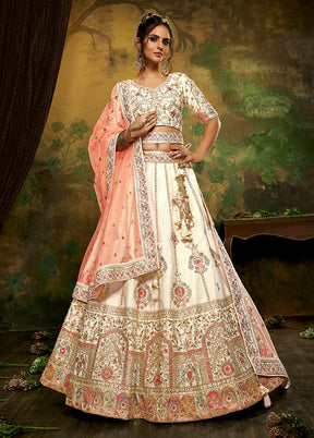 3 Pc Off White Silk Semi Stitched Lehenga Set