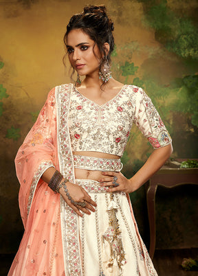 3 Pc Off White Silk Semi Stitched Lehenga Set