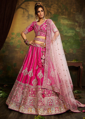 3 Pc Pink Silk Semi Stitched Lehenga Set