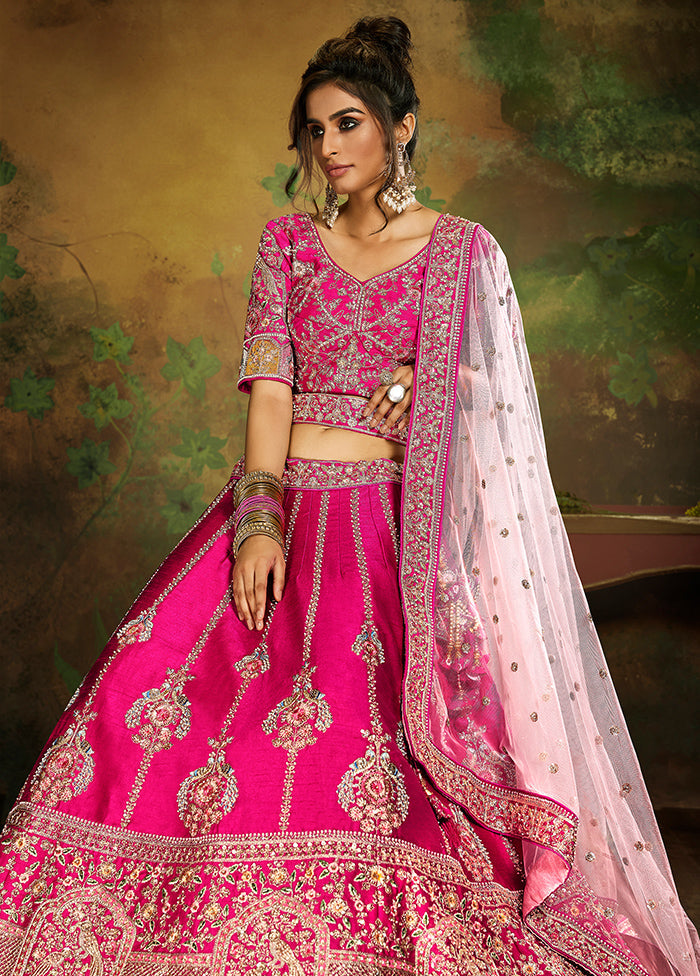 3 Pc Pink Silk Semi Stitched Lehenga Set