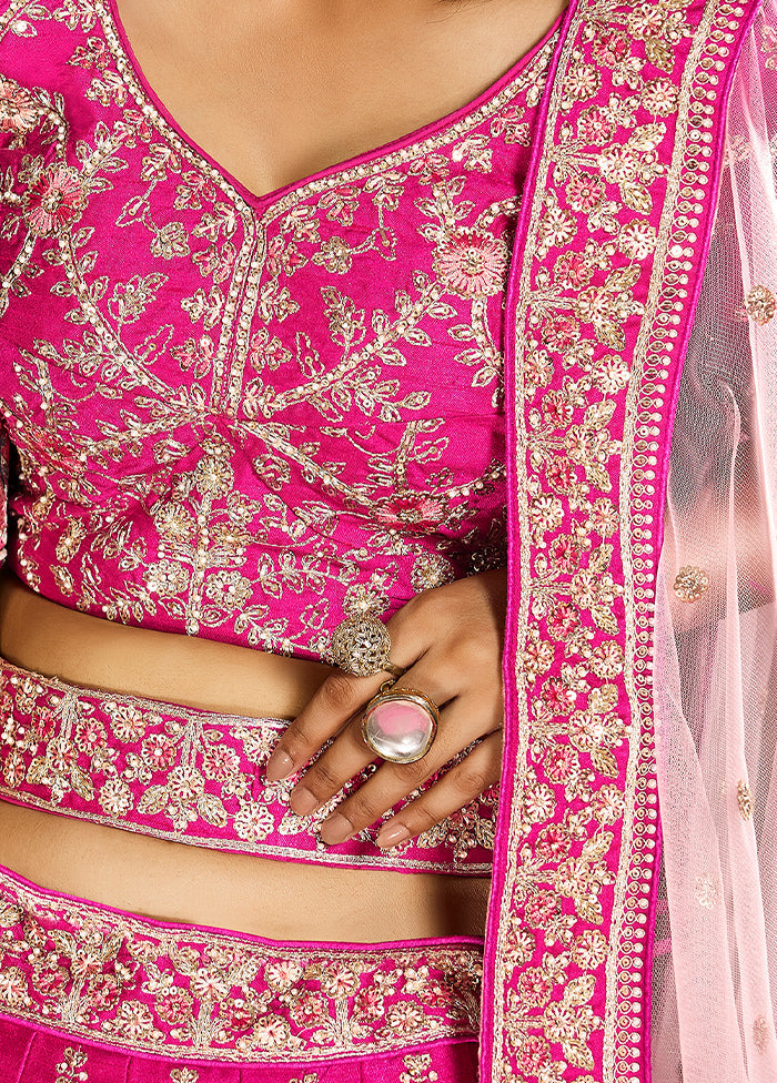 3 Pc Pink Silk Semi Stitched Lehenga Set