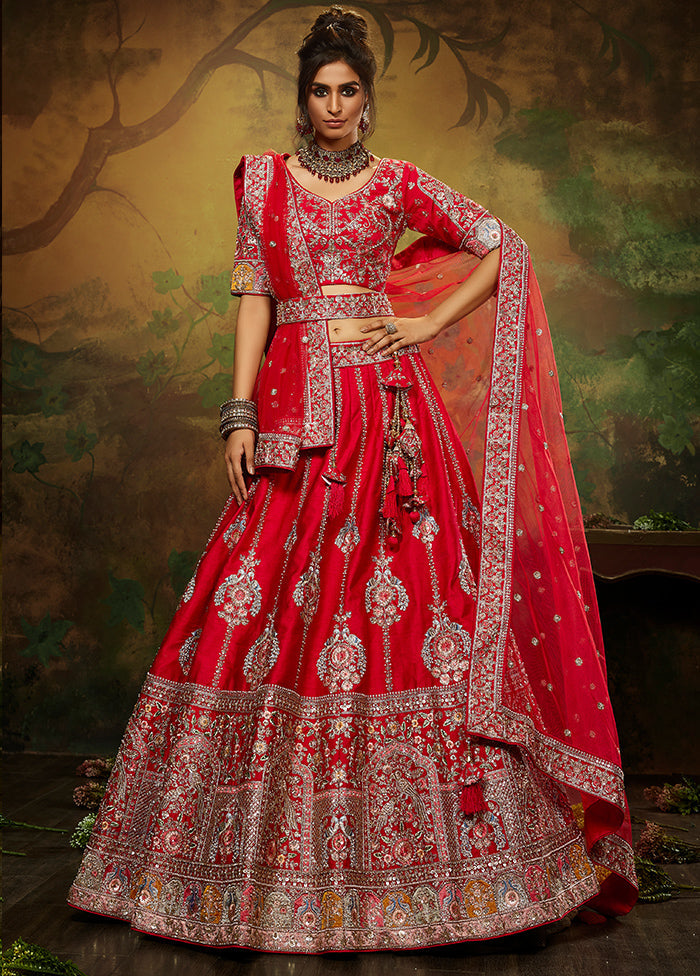 3 Pc Red Silk Semi Stitched Lehenga Set