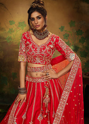 3 Pc Red Silk Semi Stitched Lehenga Set