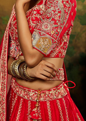 3 Pc Red Silk Semi Stitched Lehenga Set