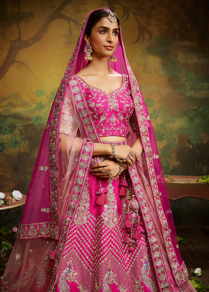 3 Pc Pink Silk Semi Stitched Lehenga Set