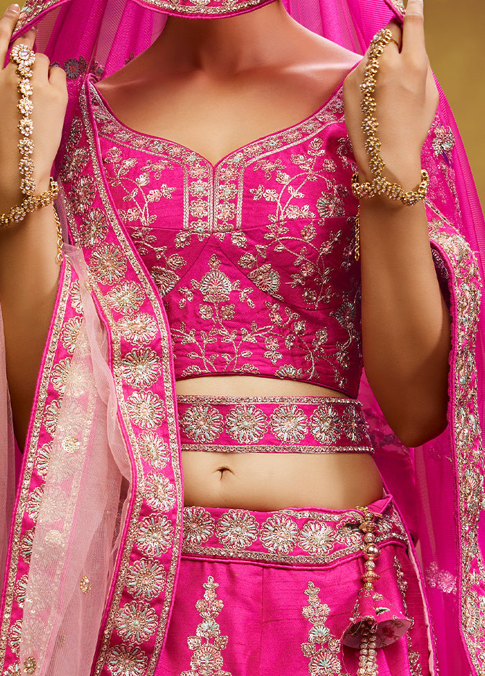 3 Pc Pink Silk Semi Stitched Lehenga Set