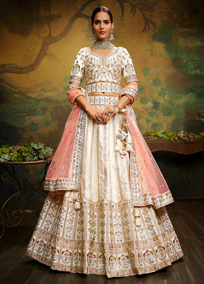 3 Pc Off White Silk Semi Stitched Lehenga Set