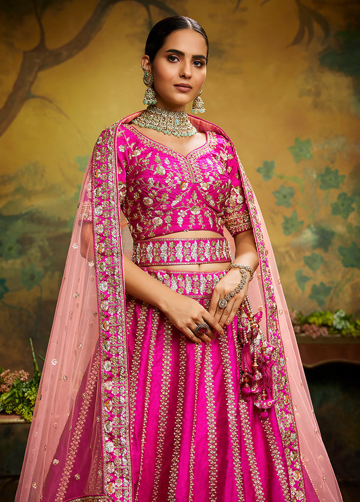 3 Pc Pink Silk Semi Stitched Lehenga Set