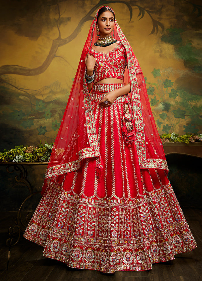 3 Pc Red Silk Semi Stitched Lehenga Set