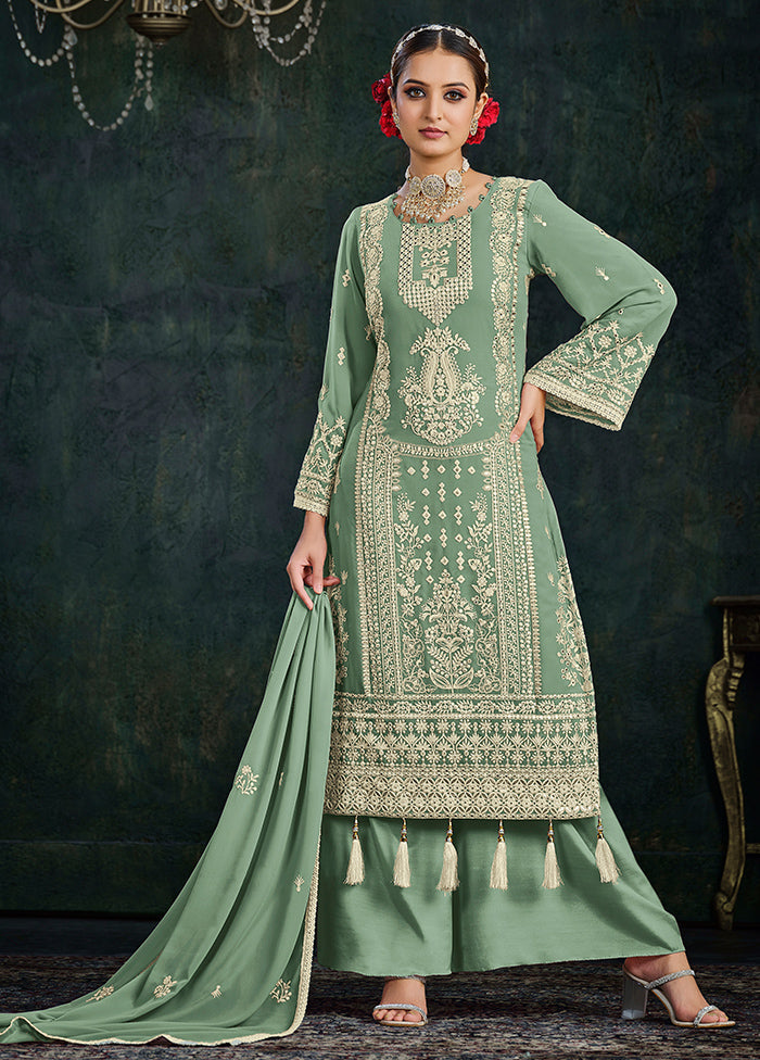 3 Pc Pista Green Semi Stitched Georgette Suit Set