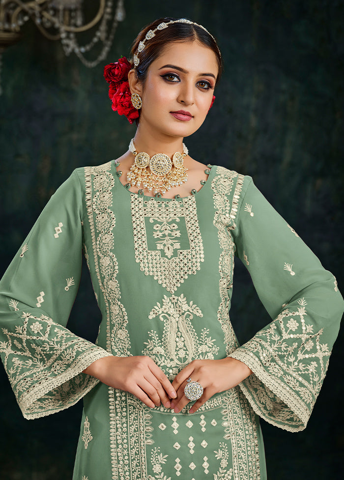 3 Pc Pista Green Semi Stitched Georgette Suit Set