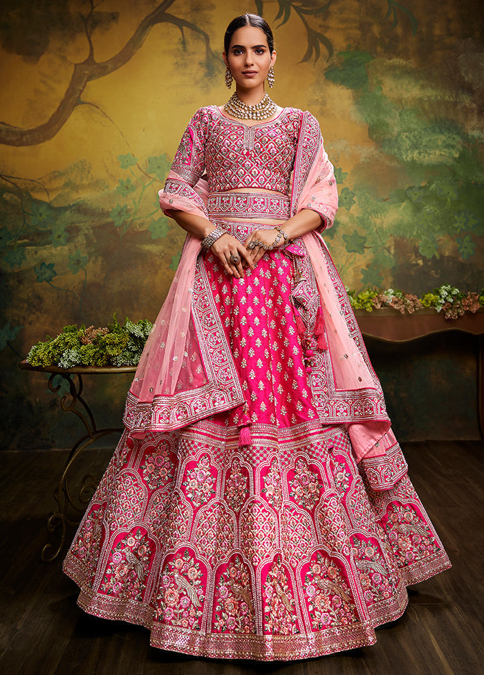 3 Pc Pink Silk Semi Stitched Lehenga Set