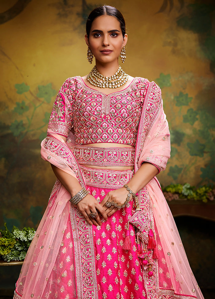 3 Pc Pink Silk Semi Stitched Lehenga Set