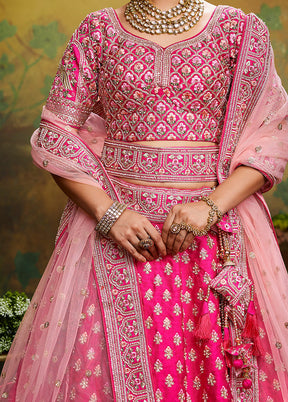 3 Pc Pink Silk Semi Stitched Lehenga Set