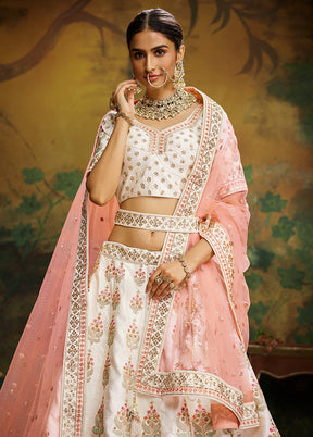 3 Pc Off White Silk Semi Stitched Lehenga Set