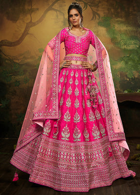 3 Pc Pink Silk Semi Stitched Lehenga Set