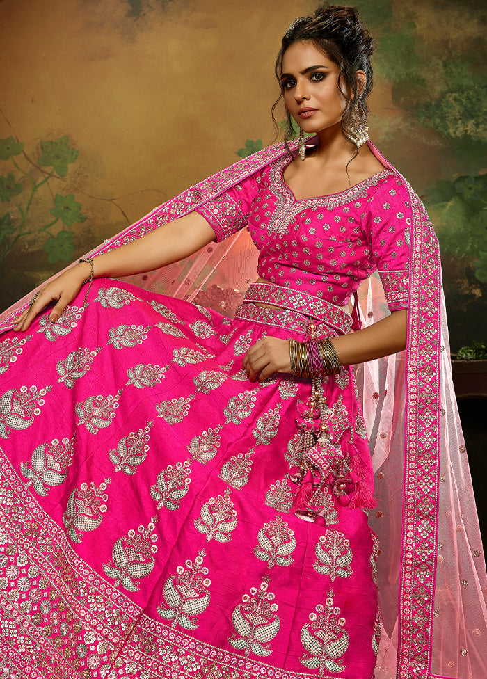 3 Pc Pink Silk Semi Stitched Lehenga Set