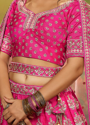 3 Pc Pink Silk Semi Stitched Lehenga Set