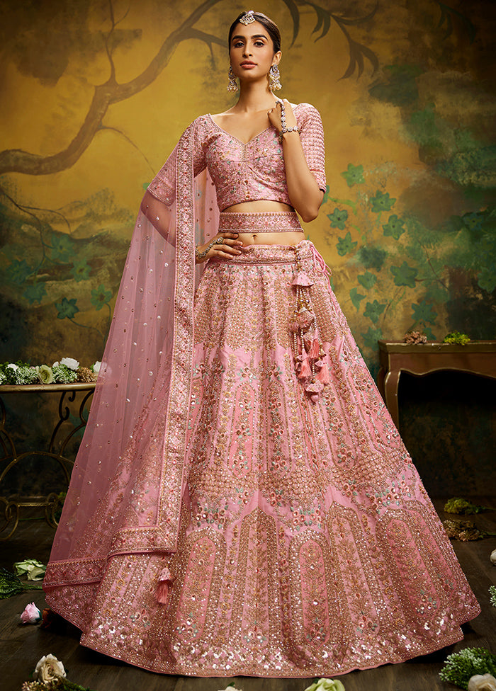 3 Pc Coral Silk Semi Stitched Lehenga Set