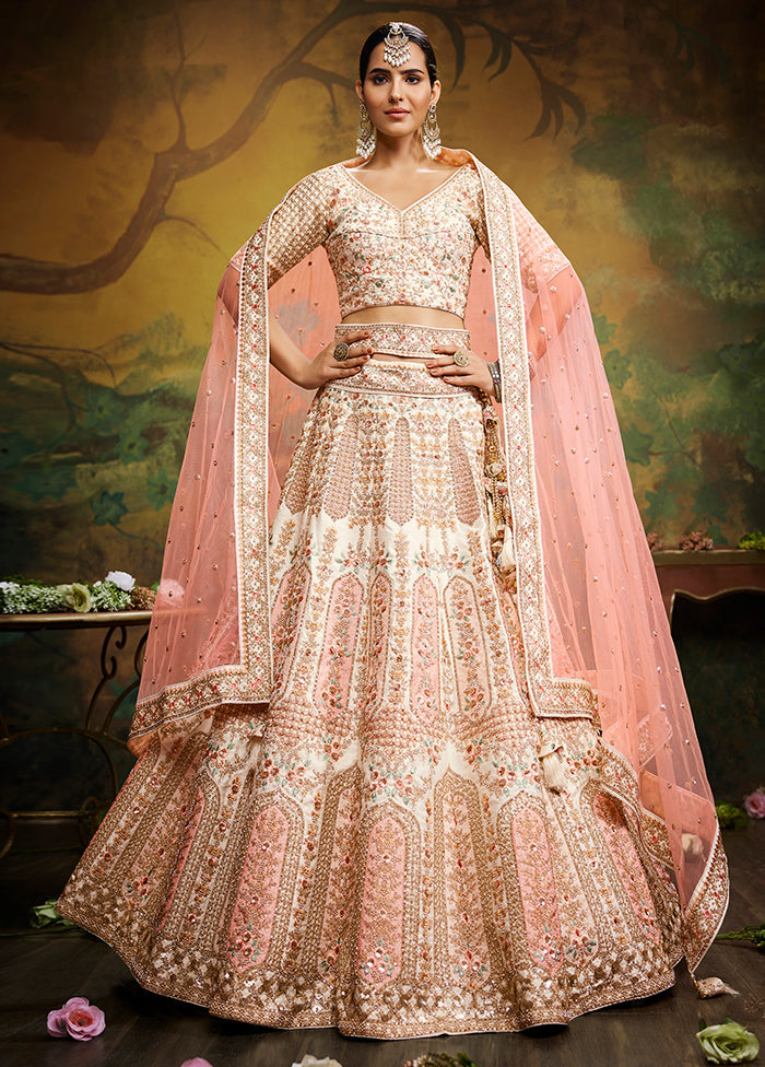 3 Pc Off White Silk Semi Stitched Lehenga Set