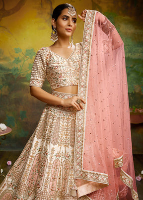 3 Pc Off White Silk Semi Stitched Lehenga Set