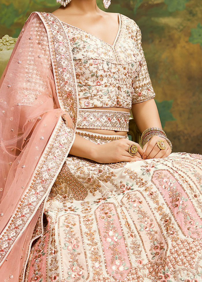 3 Pc Off White Silk Semi Stitched Lehenga Set