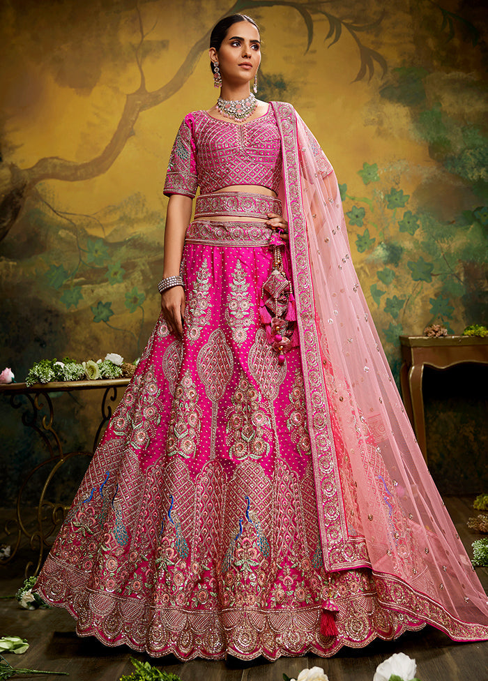 3 Pc Pink Silk Semi Stitched Lehenga Set