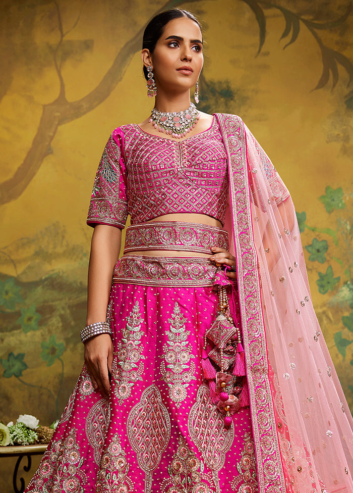 3 Pc Pink Silk Semi Stitched Lehenga Set