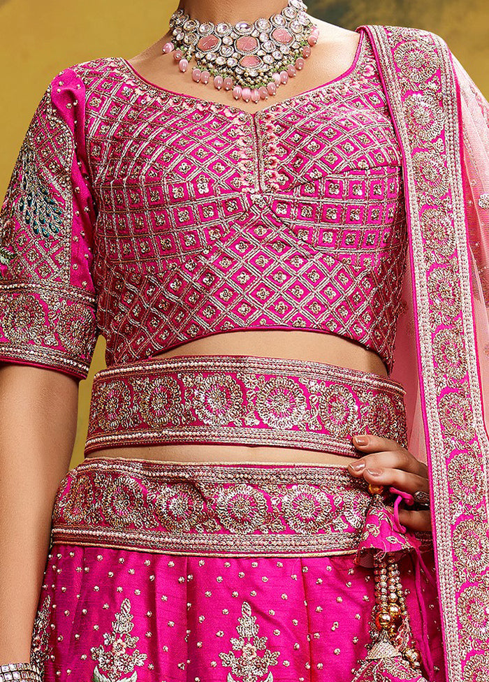 3 Pc Pink Silk Semi Stitched Lehenga Set