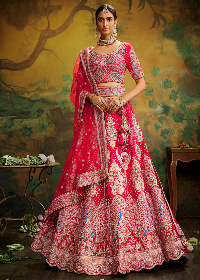 3 Pc Red Silk Semi Stitched Lehenga Set