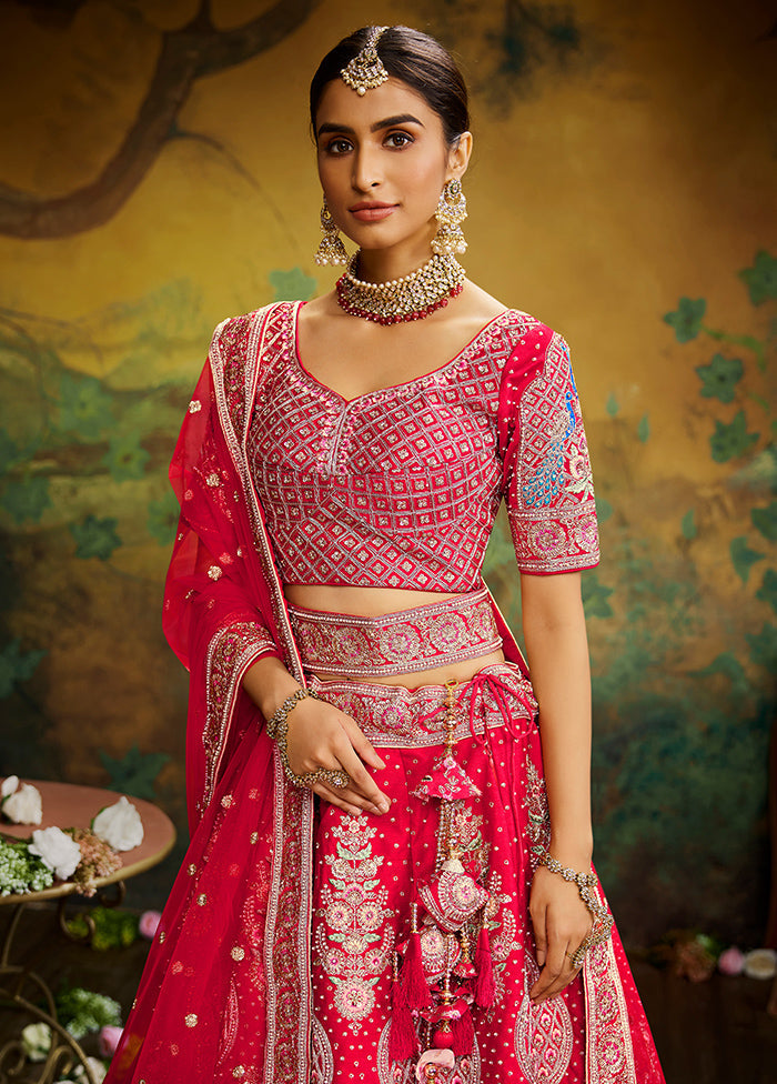 3 Pc Red Silk Semi Stitched Lehenga Set