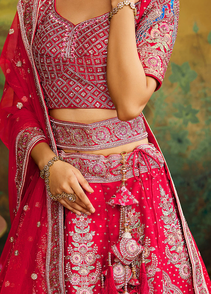 3 Pc Red Silk Semi Stitched Lehenga Set