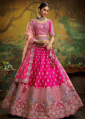 3 Pc Pink Silk Semi Stitched Lehenga Set