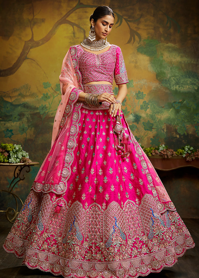 3 Pc Pink Silk Semi Stitched Lehenga Set