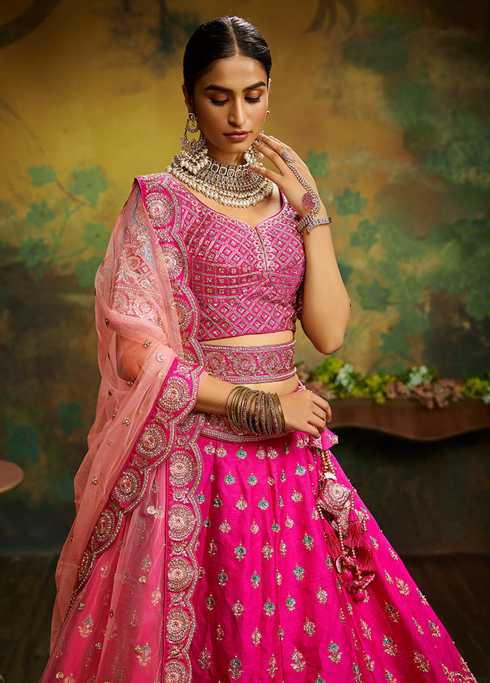 3 Pc Pink Silk Semi Stitched Lehenga Set