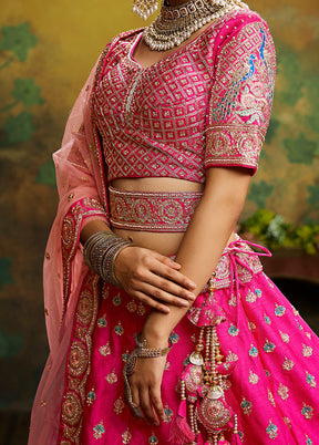 3 Pc Pink Silk Semi Stitched Lehenga Set