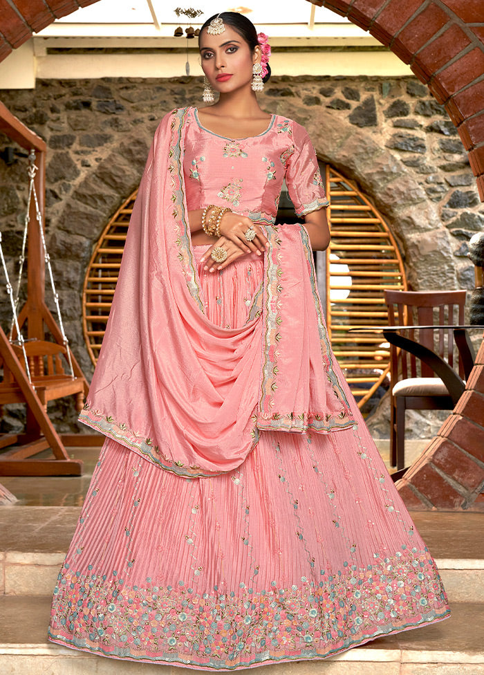 3 Pc Pink Silk Semi Stitched Lehenga Set