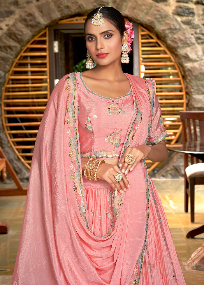 3 Pc Pink Silk Semi Stitched Lehenga Set