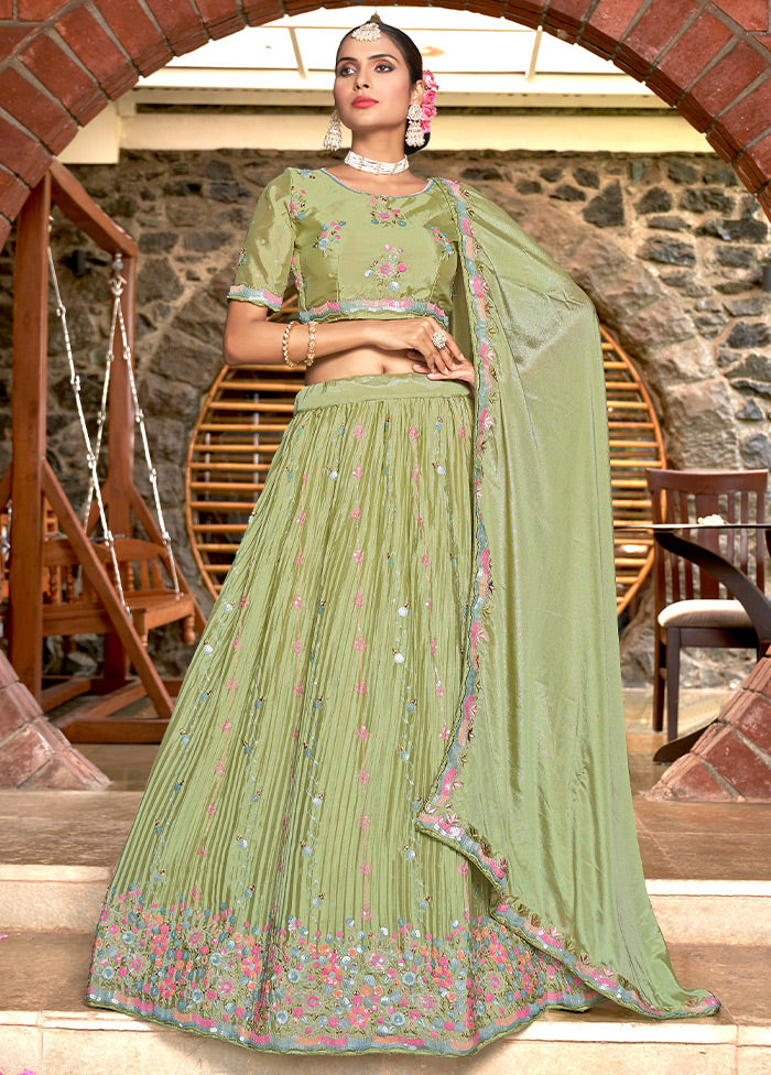 3 Pc Pista Green Silk Semi Stitched Lehenga Set