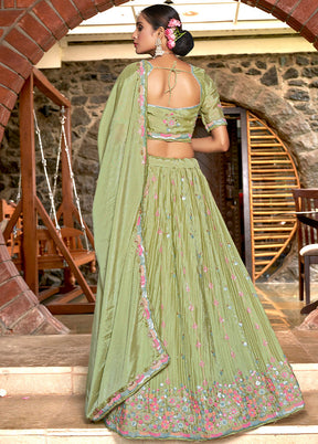 3 Pc Pista Green Silk Semi Stitched Lehenga Set