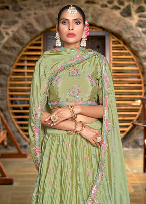 3 Pc Pista Green Silk Semi Stitched Lehenga Set